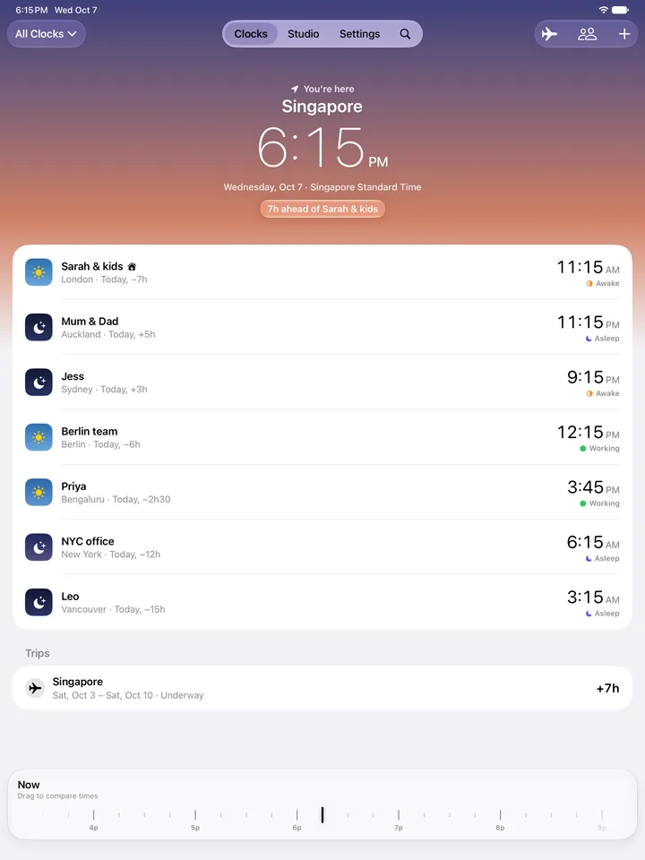 Dayside on iPad, with seven clocks and a trip to Singapore under a dusk sky