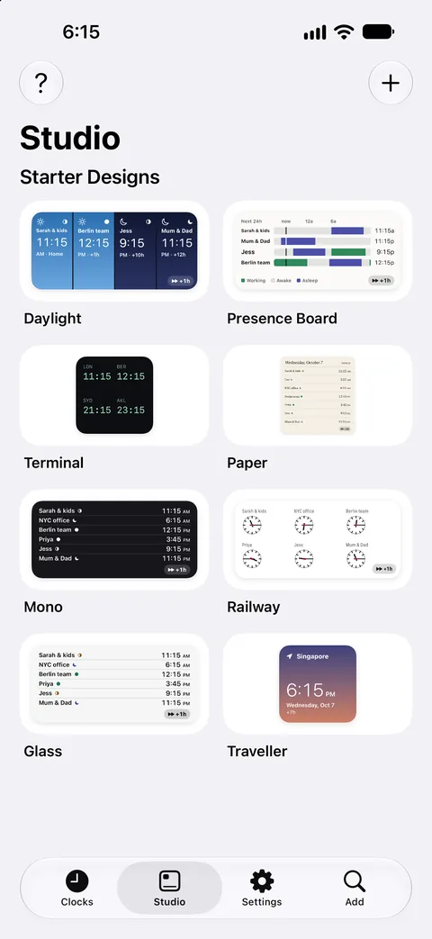 Studio's starter widget designs: Daylight, Presence Board, Terminal, Paper, Mono, Railway, Glass and Traveller