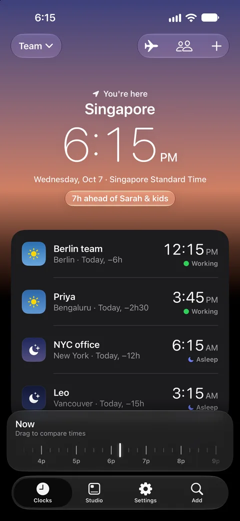 A team collection in dark mode, showing who in Berlin, Bengaluru, New York and Vancouver is working or asleep