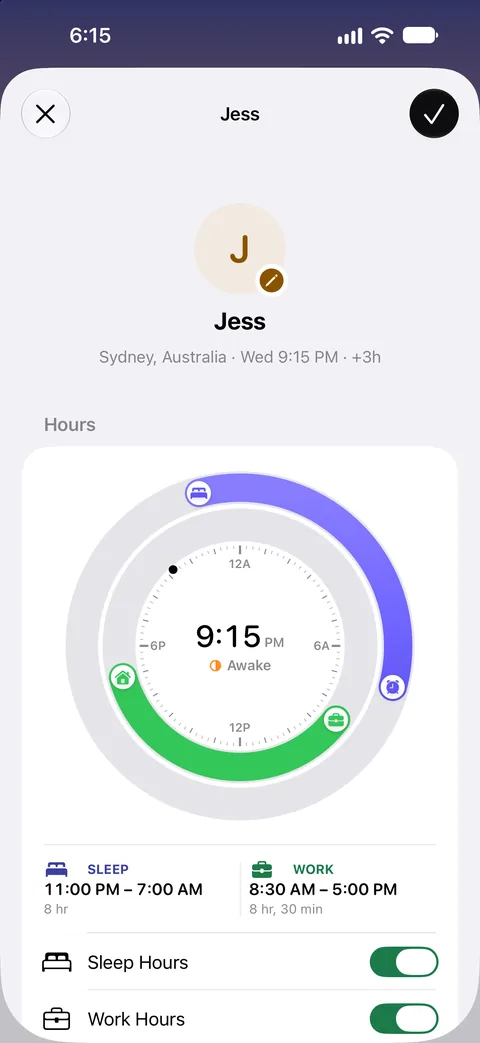 Jess's clock in Sydney, with sleep from 11 PM to 7 AM and work from 8:30 AM to 5 PM set on a 24-hour dial