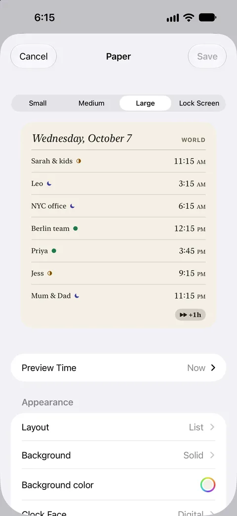 Editing the Paper design as a large widget, with seven clocks listed on a paper background