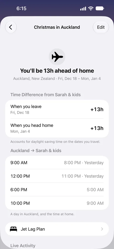 A Christmas trip to Auckland, 13 hours ahead of home, with a table of matching times in Auckland and London
