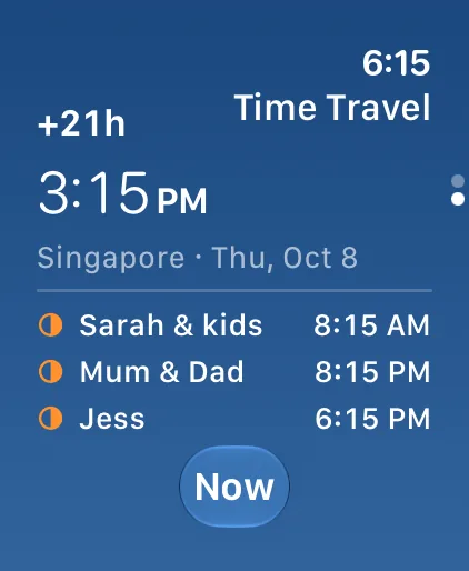 Time Travel on Apple Watch, 21 hours ahead, listing the time for each clock